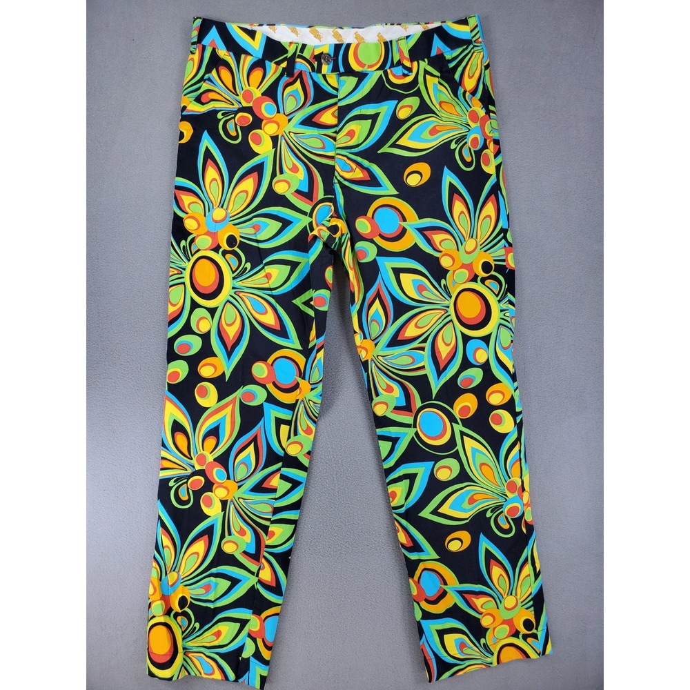 Loudmouth Golf Pants Mens 38x32 Black Psychedelic Floral Retro Mod Stretch Pants